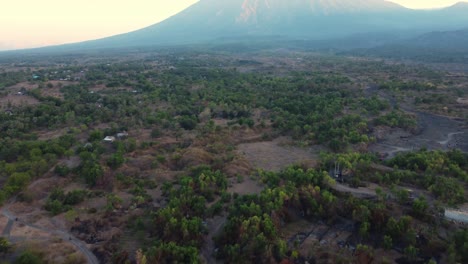 Flight-over-the-green-sandy-Savana-Tianyar-with-the-big-Vulcano-in-the-background,-slow-motion