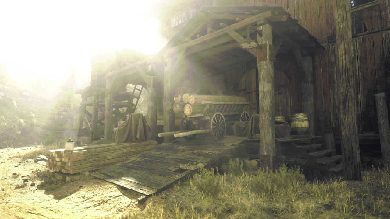 Rustic workshop bathed in sunlight near an old wooden structure