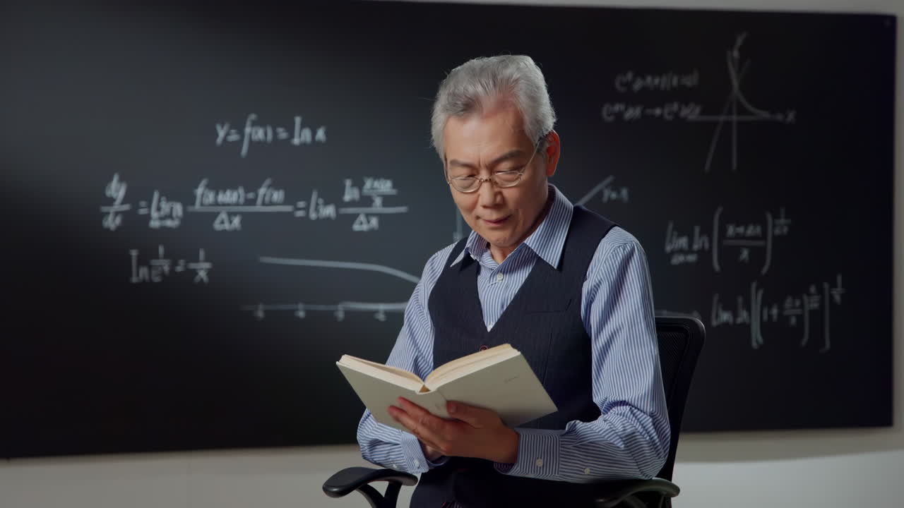 Mathematics intelligent senior teacher in university classroom standing looking at camera and smiles, backdrop blackboard with mathematical formulas. Education and studying concept