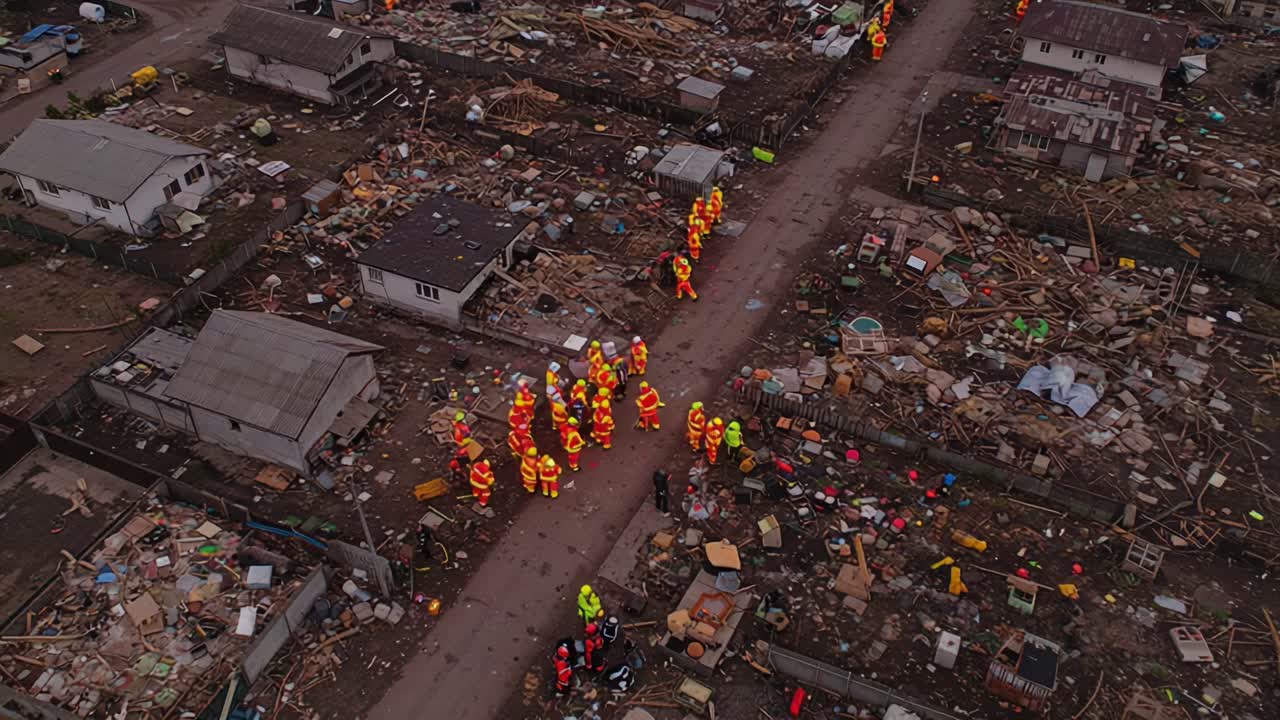 Emergency responders navigate through a devastated area, showcasing their dedication amid the chaos and destruction left behind from a catastrophic event