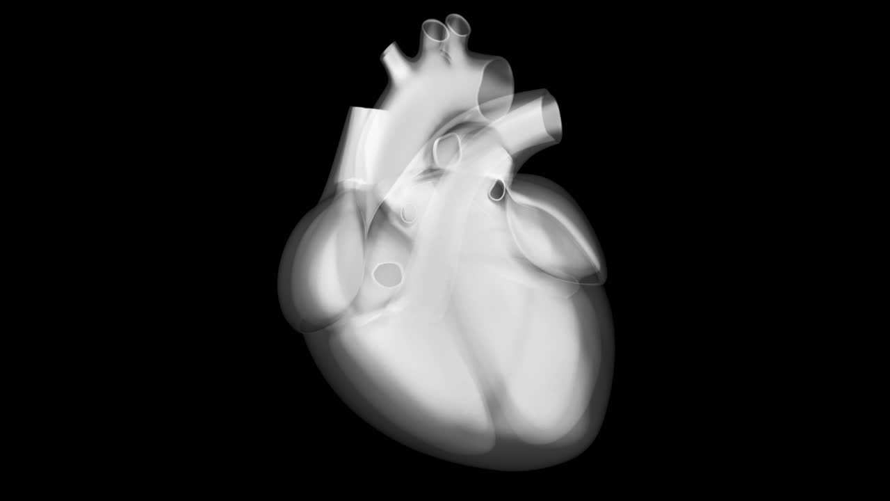 Medical animation of human heart beating on isolated black background. X-ray or MRI style for cardiology and health concepts