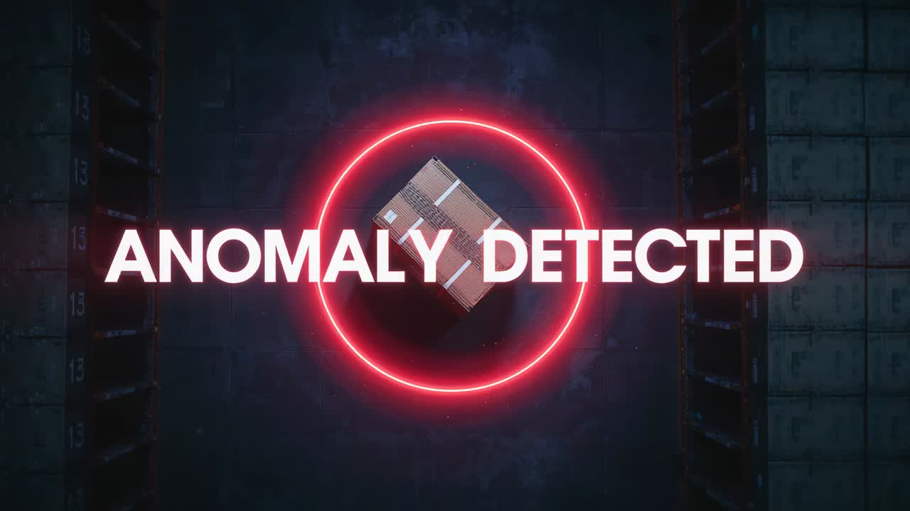 Cardboard box moving along conveyor belt in warehouse, with red ring and bold anomaly detected text