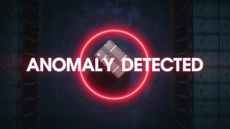 Cardboard box moving along conveyor belt in warehouse, with red ring and bold anomaly detected text