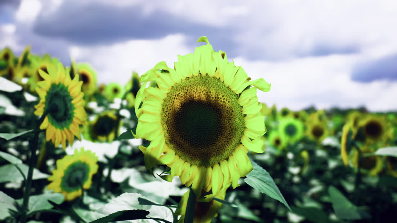Sunflowers bloom in vibrant fields under a cloudy sky