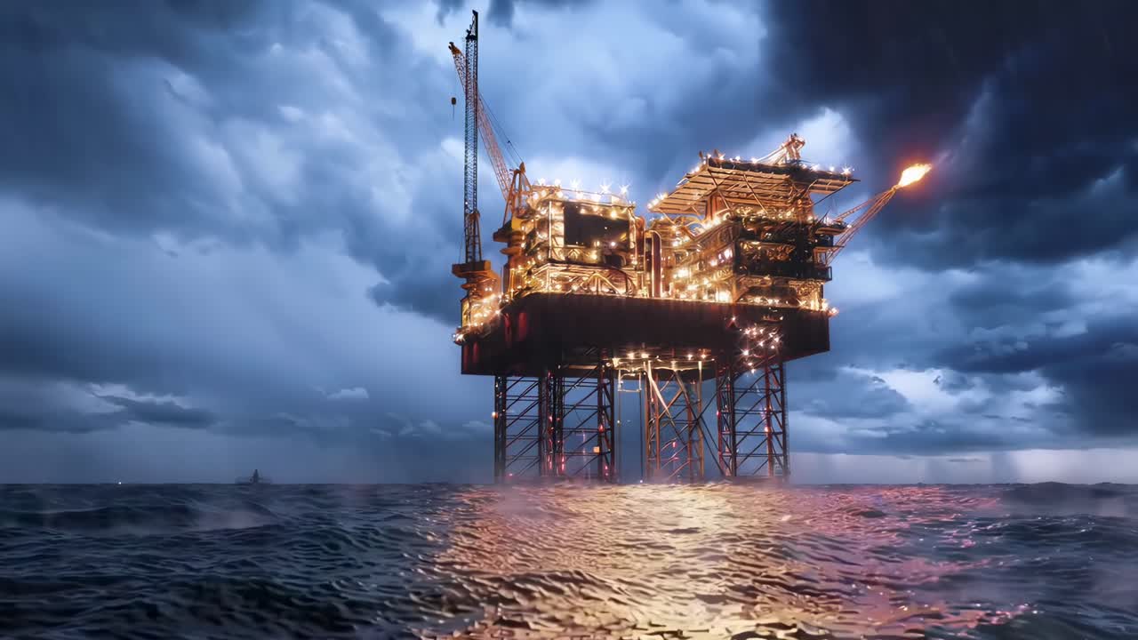 Dramatisk video optaget fra lav vinkel af en oplyst olieplatform på havet, under en stormfuld himmel.