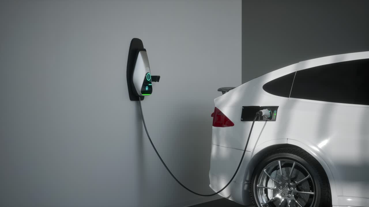 차고에서 전기 자동차 suv 충전 3d 애니메이션