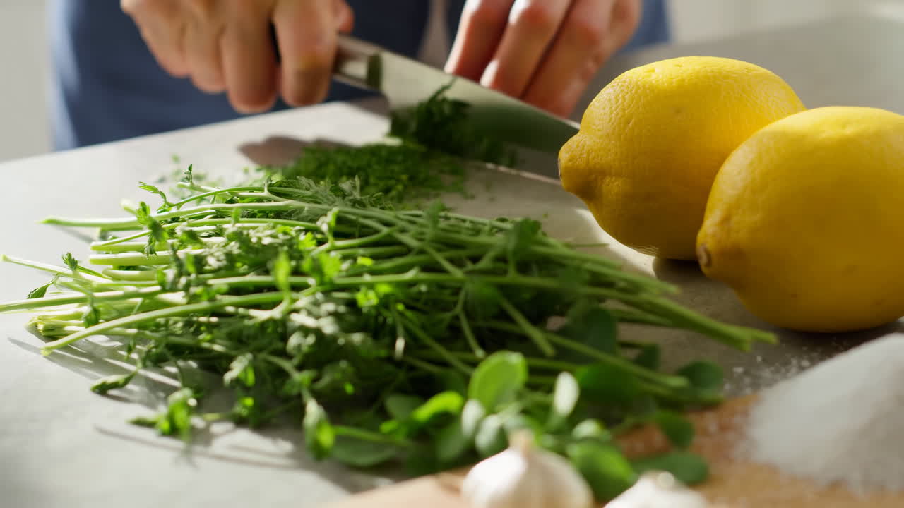 Fresh Herbs Chopped Beside Lemons And Garlic On Cutting Board, Closeup Of Cook Hands Slicing Parsley And Dill