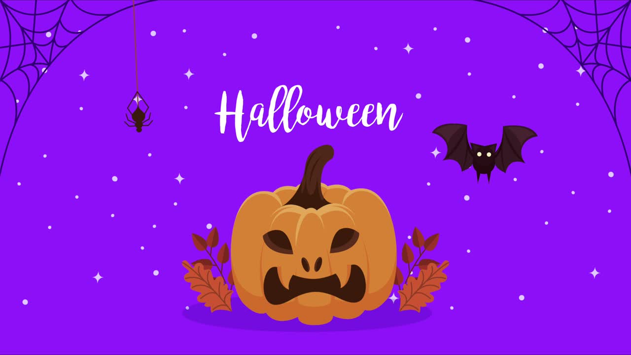 letras felices de halloween con animación de calabaza y murciélago