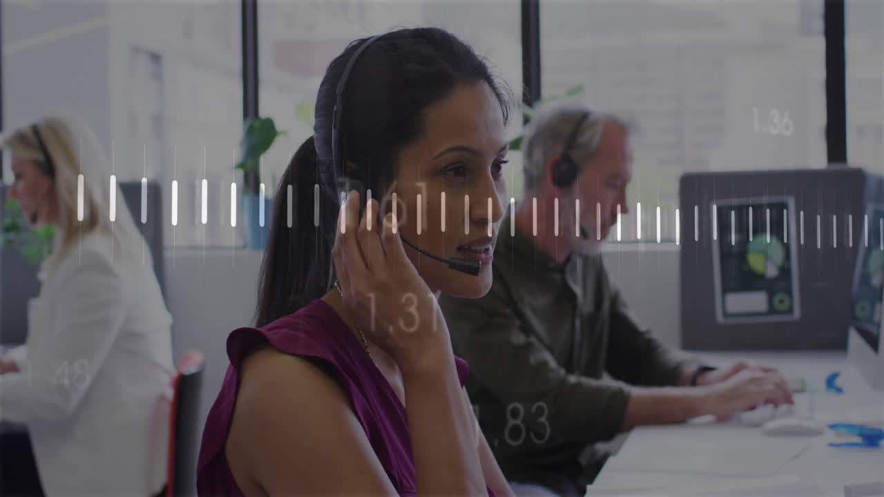 Audio waveform animation overlay with customer service team working in office