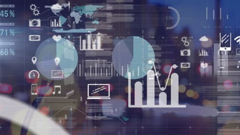 animation of media icons and data processing on charts over bokeh city street at night