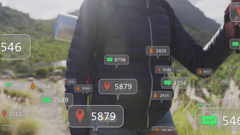 Woman hiking mountain trail showing floating social media icons and notification metrics overlays