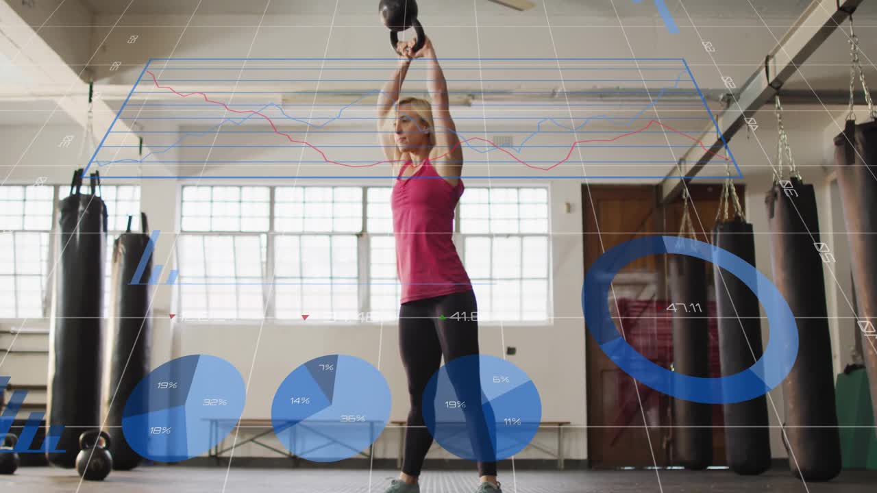 Mujer de mediana edad balanceando una pesa rusa por encima de la cabeza, impulsando las caderas y alimentando gráficos animados de fitness.