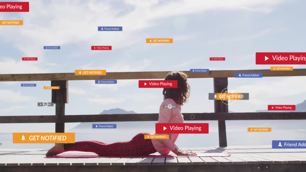 woman practicing cobra yoga pose on lakeside deck, featuring floating UI graphics in health tech