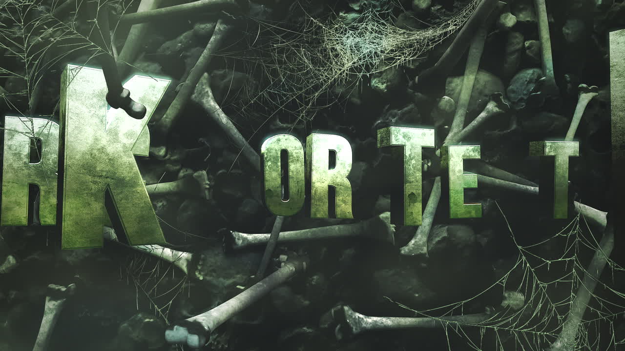 어두운 뼈가 있는 신비로운 공포 배경에 대한 애니메이션 텍스트 트릭 광고 치료