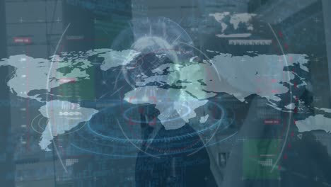 animation of data processing with scope scanning and world map over diverse business people