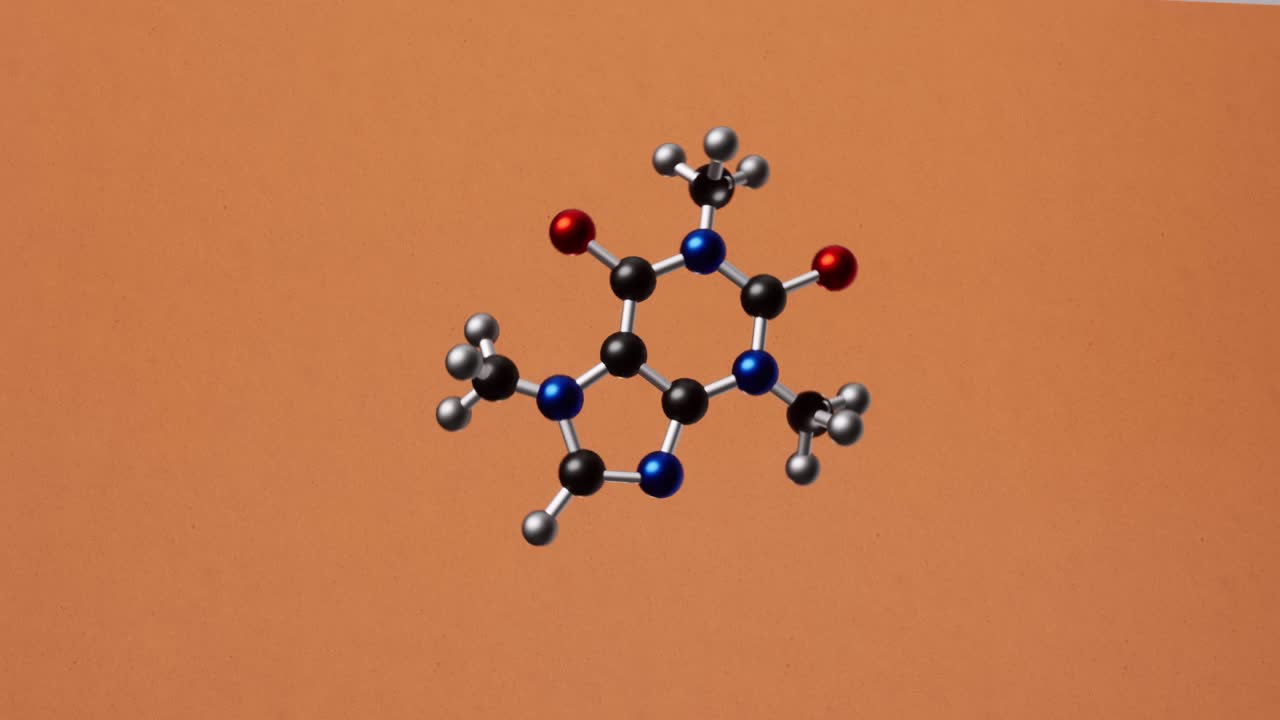 카페인 분자의 구조적 화학 공식 3d 애니메이션