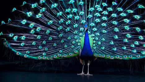 a vibrant peacock displays its feathers in a low-angle shot, showcasing its iridescent colors