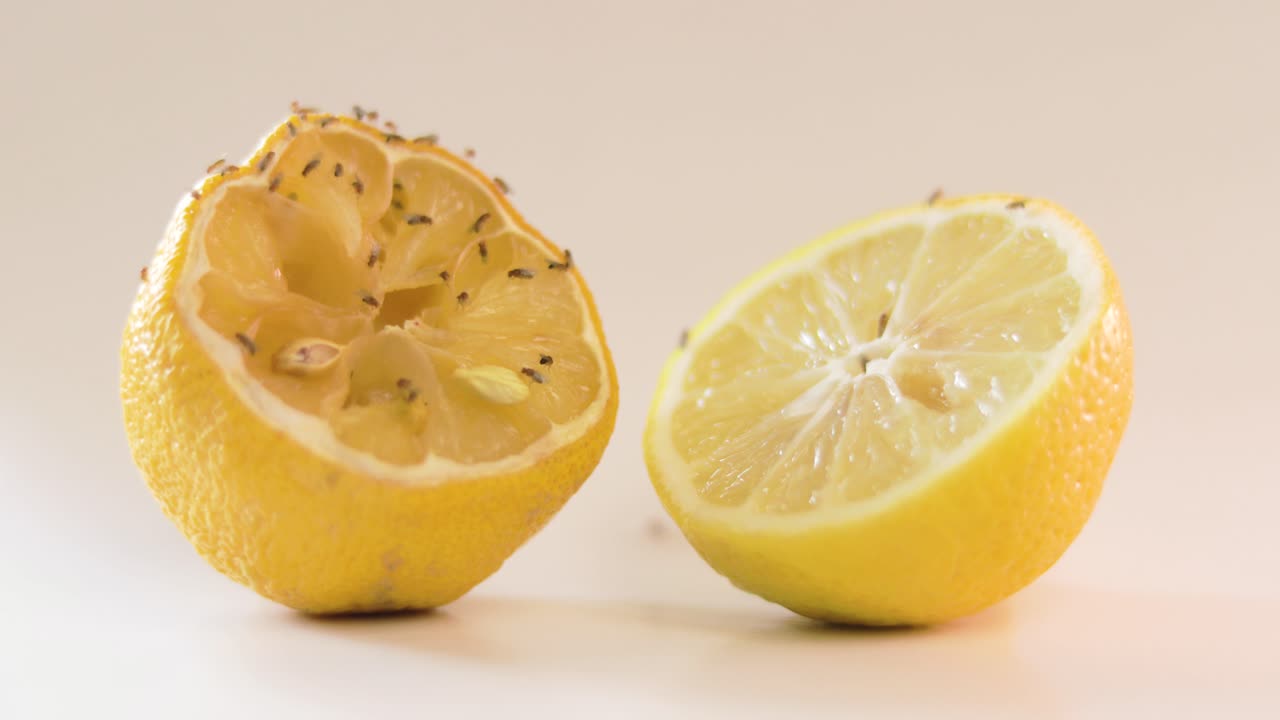 moscas de la fruta se arrastran sobre un limón