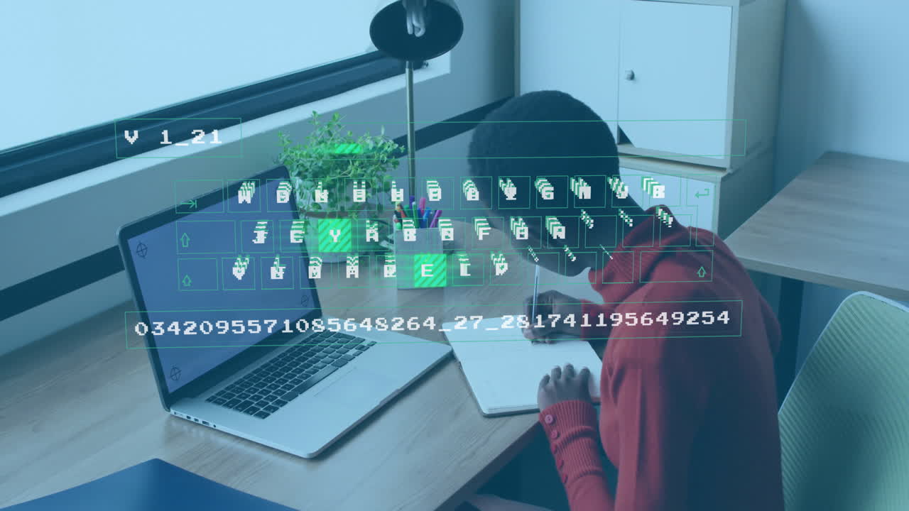 woman sitting at desk writing study notes, laptop displaying floating technology code graphics