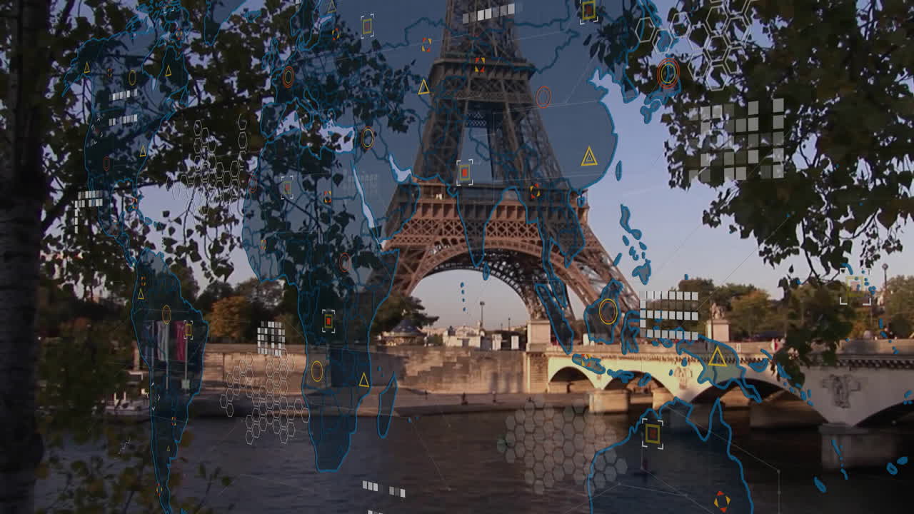 Animation of digital world map overlay on Eiffel Tower with data processing