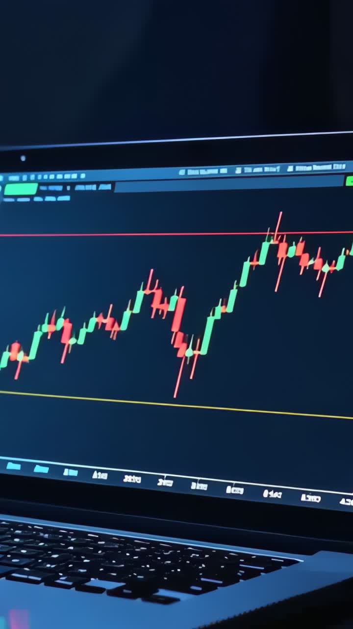 Vertical video: Camera panning laptop chart breaking resistance to signal breakout at home desk