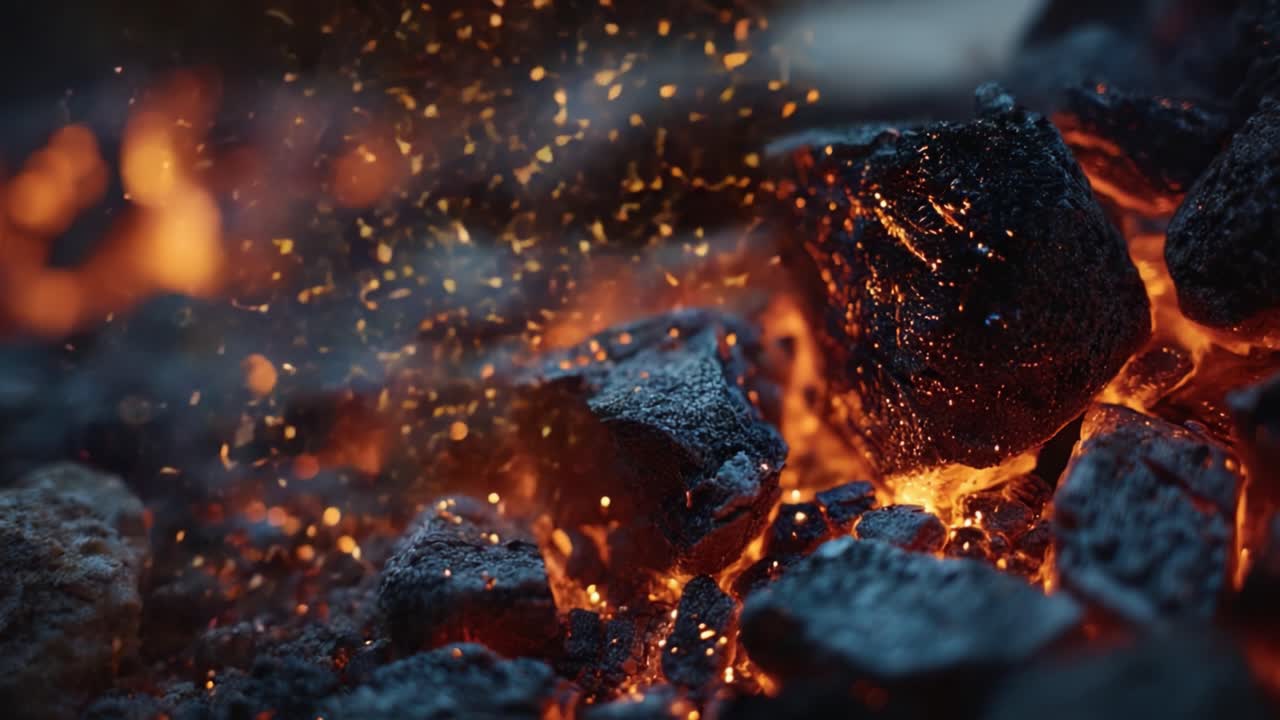 A Captivating Close-Up of Glowing Coal Embers Underneath the Ashes, Capturing the Intensity of Heat and Brightness in an Atmospheric Setting