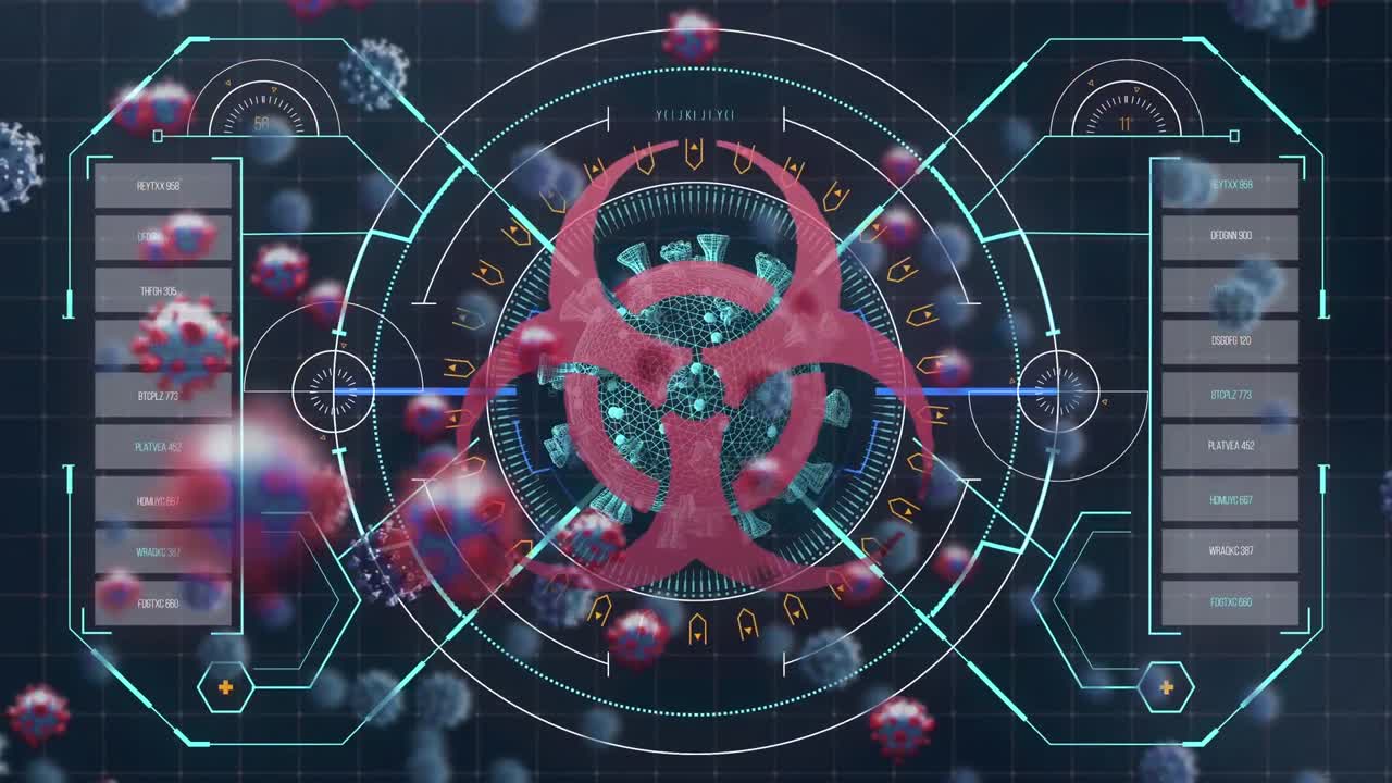 코로나 19 세포의 애니메이션과 생물 위험 기호에 대한 데이터 처리