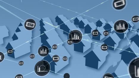 Animation-of-network-of-connections-with-icons-over-rows-of-houses