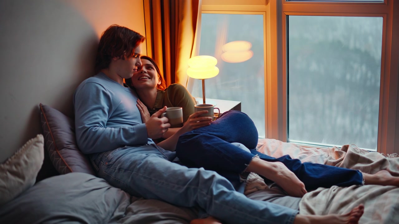 Kærestepar ligger sammen og slapper af i sengen i lejligheden med kaffe. Romantiske elskende.