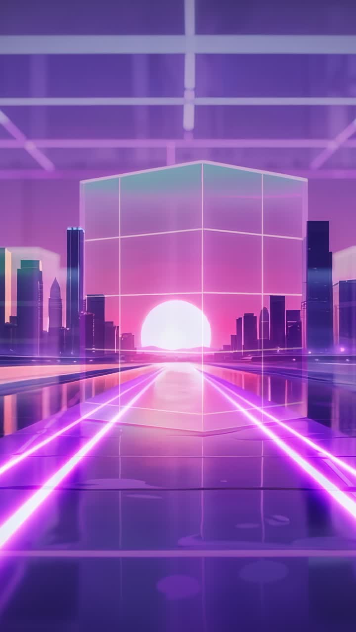 Vertical video: Starting camera gliding along neon grid toward neon cube sun boosting reflections