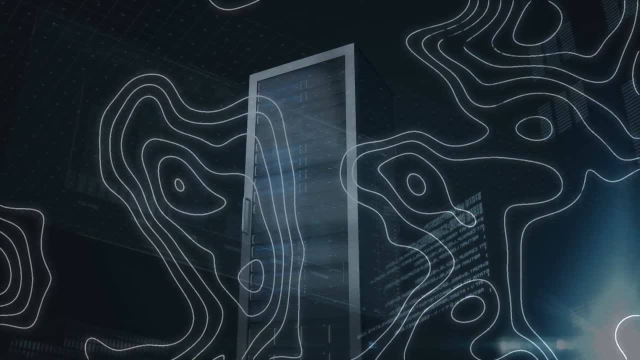 Animation of data processing and map of lines over server room