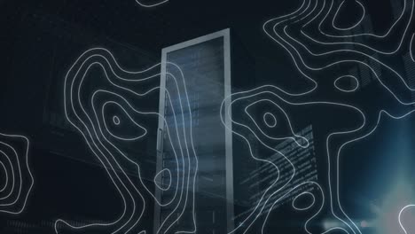 animación del procesamiento de datos y mapa de líneas sobre la sala de servidores