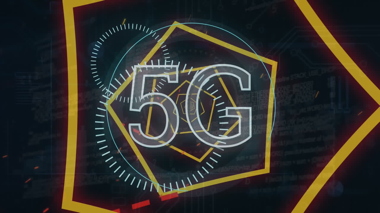 Animation of 5g text, hexagon tunnel, lines moving in circular motion and computer language
