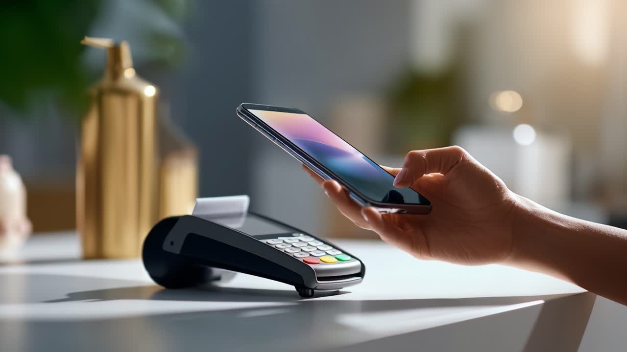 A Close-Up View of a Hand Using a Smartphone to Make a Contactless Payment at a Modern Payment Terminal, Showcasing the Convenience of Digital Transactions in Today's World
