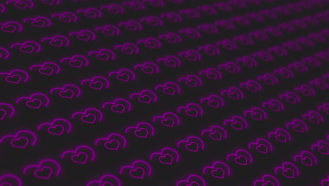 repeating pattern of neon hearts. dark blurred romantic animation background with love symbols.