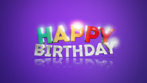 colorido texto de feliz cumpleaños en 3d brillando con luz en fondo de gradiente púrpura