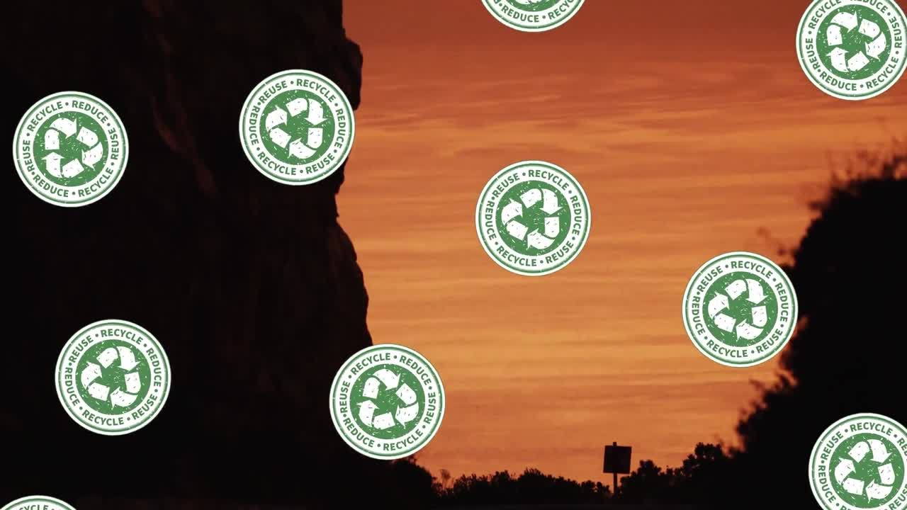 풍경 위에 재활용, 지속 가능성 및 생태학 아이콘의 애니메이션