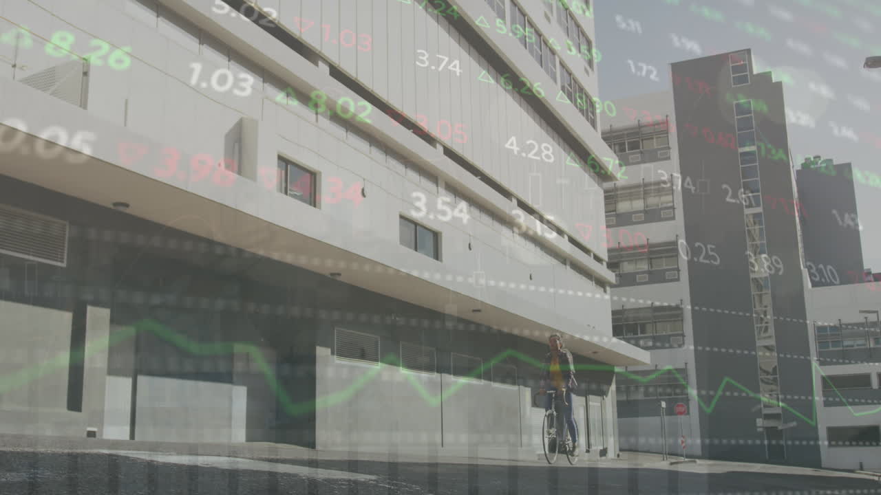 야외에서 자전거를 타는 여성에 대한 주식 시장 데이터 처리의 애니메이션