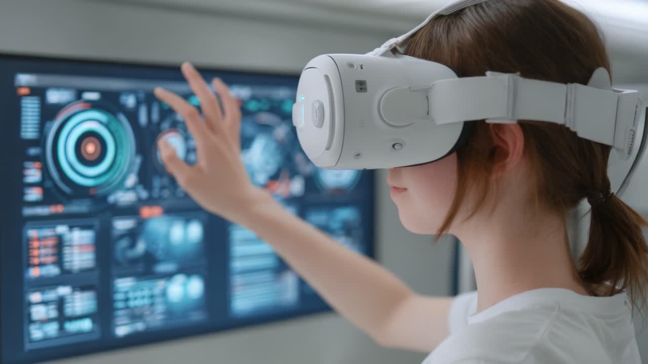 Exploring Virtual Reality: A User Engages with High-Tech Interface While Wearing a VR Headset in a Futuristic Setting