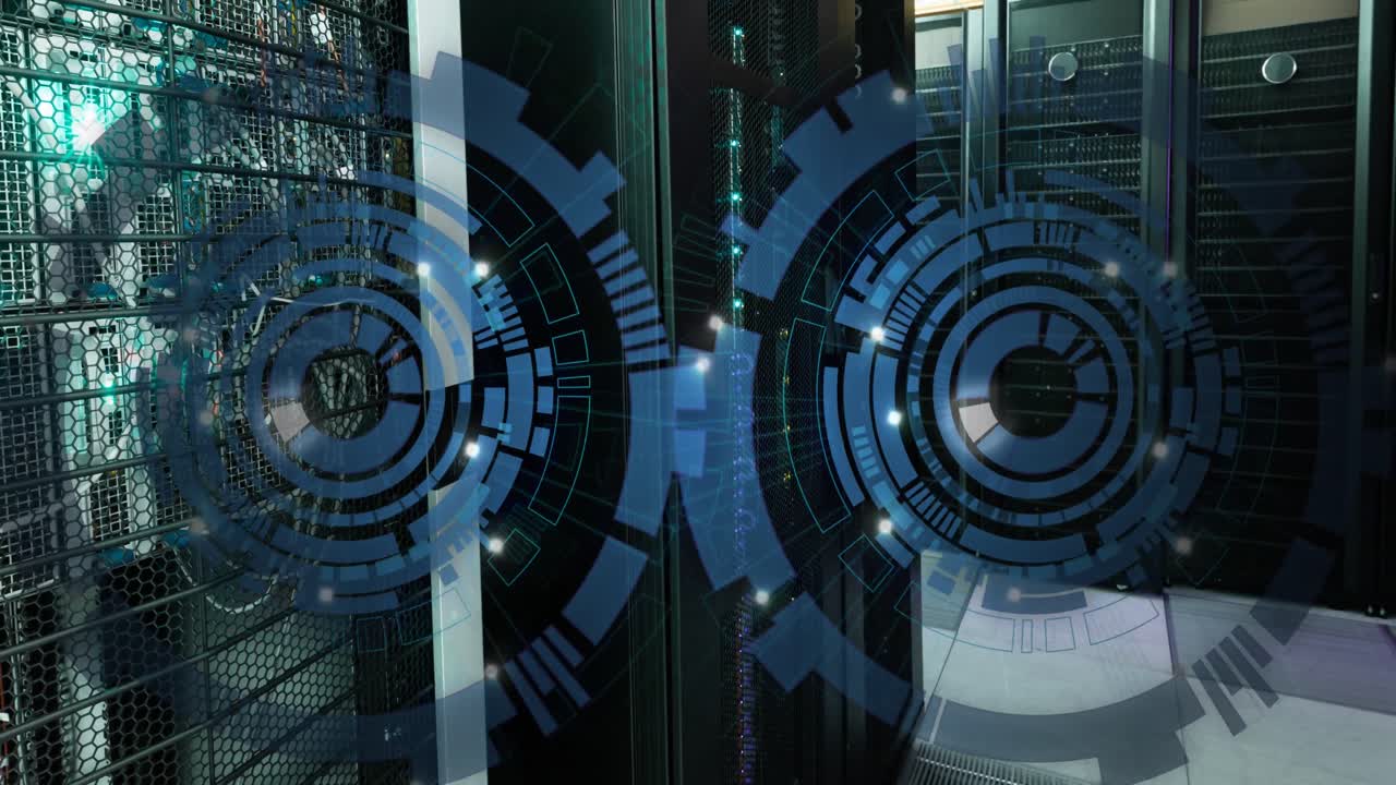 animación de dos escáneres redondos azules girando contra la sala del servidor de la computadora