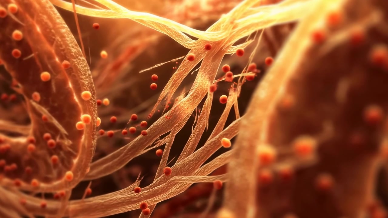 Una vista ravvicinata rivela delicate fibre traslucide che si incrociano tra forme arrotondate mentre minuscole particelle rimangono sospese in una luce calda, creando texture astratte dettagliate e una profondità visiva fluida.