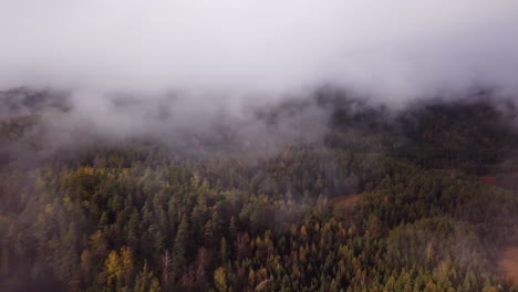 Aéreo,-Pan,-Tiro-De-Drone,-Con-Vistas-A-La-Niebla,-Por-Encima-De-Las-Colinas-Y-El-Bosque-De-Follaje,-En-Un-Día-Brumoso,-De-Otoño,-En-Flakk,-Aust-agder,-Sur-De-Noruega