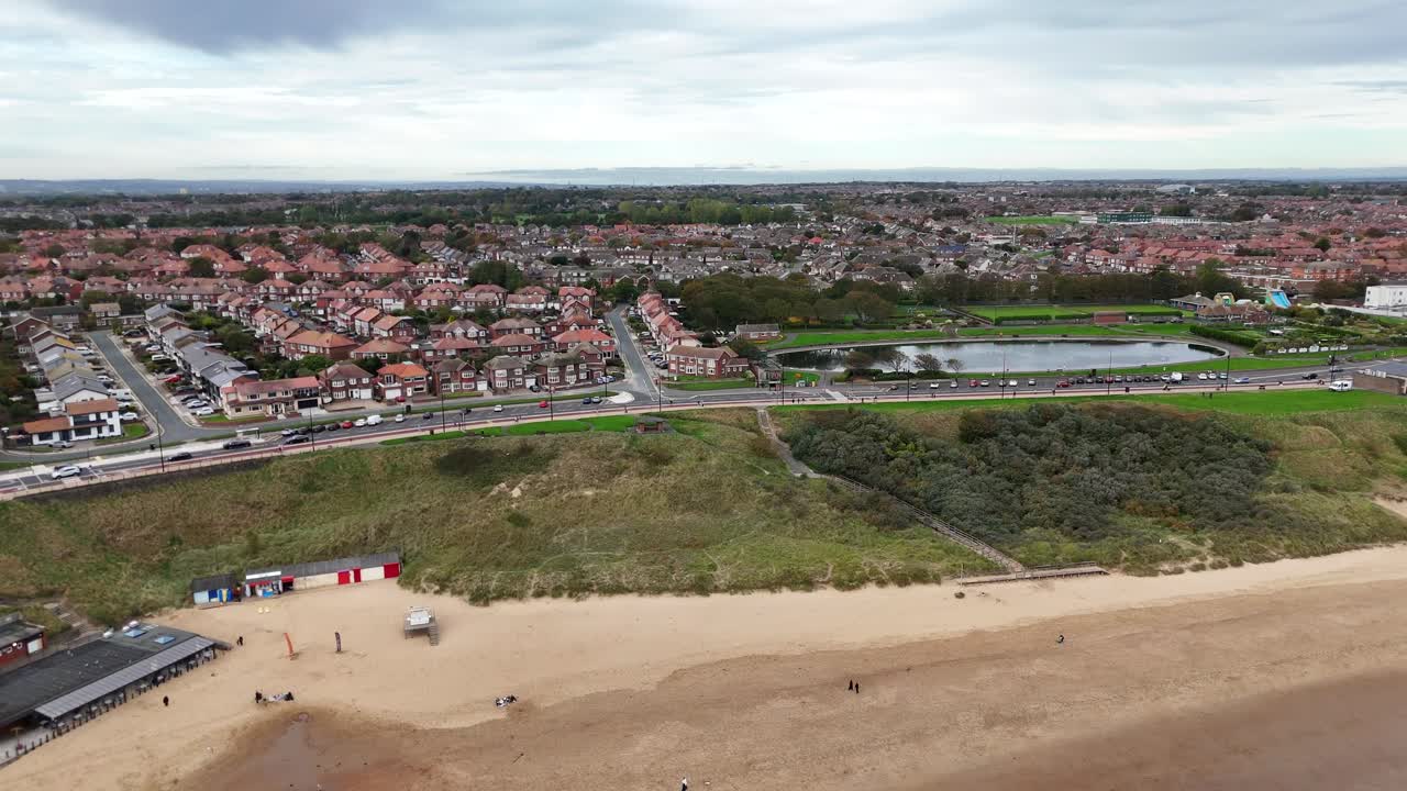 Aerial drone view tynemouth North Tyneside beach seaside north east england uk town british beach city tyne and wear Priory and Castle