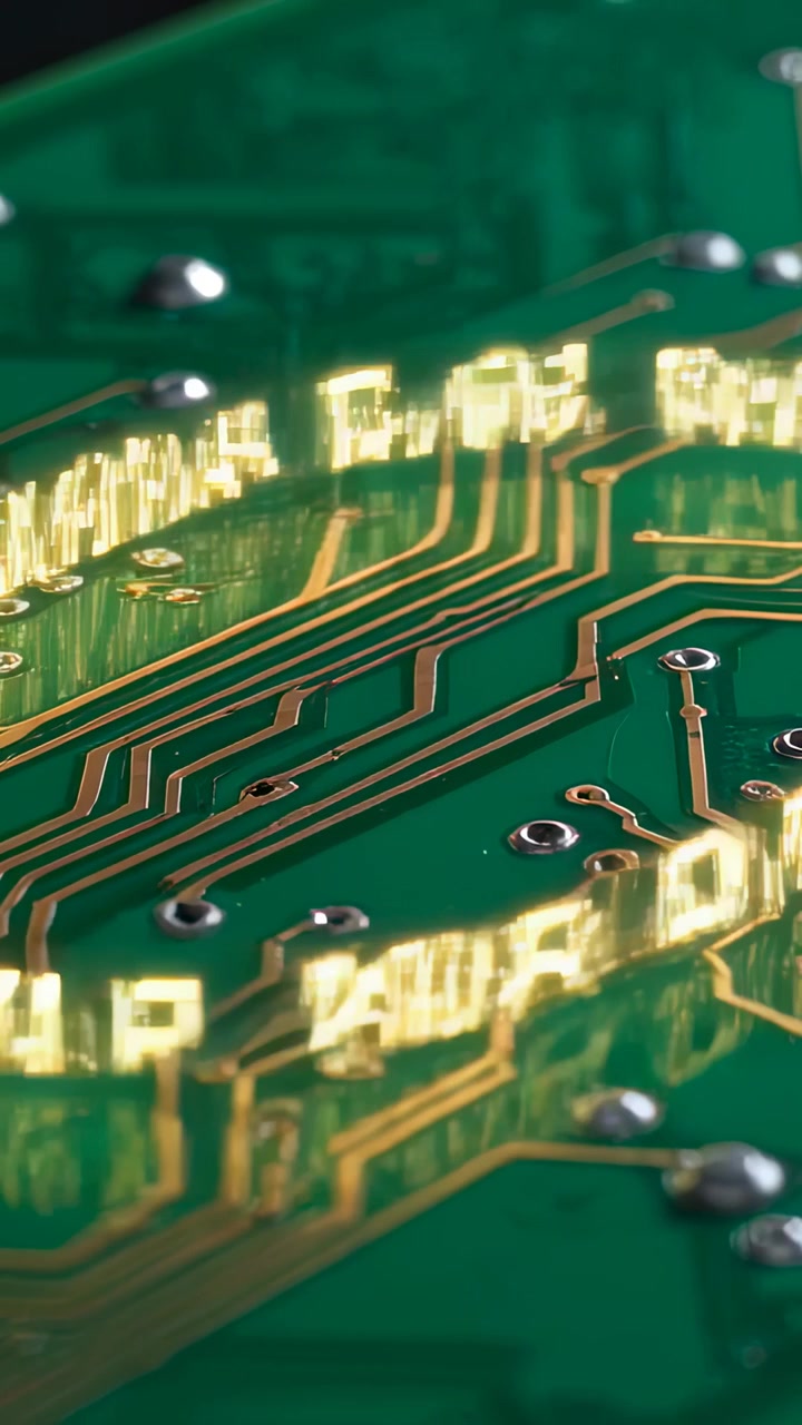 Vertical video: Gliding ribbon appearing after top-left glow in studio, tracing PCB, highlighting