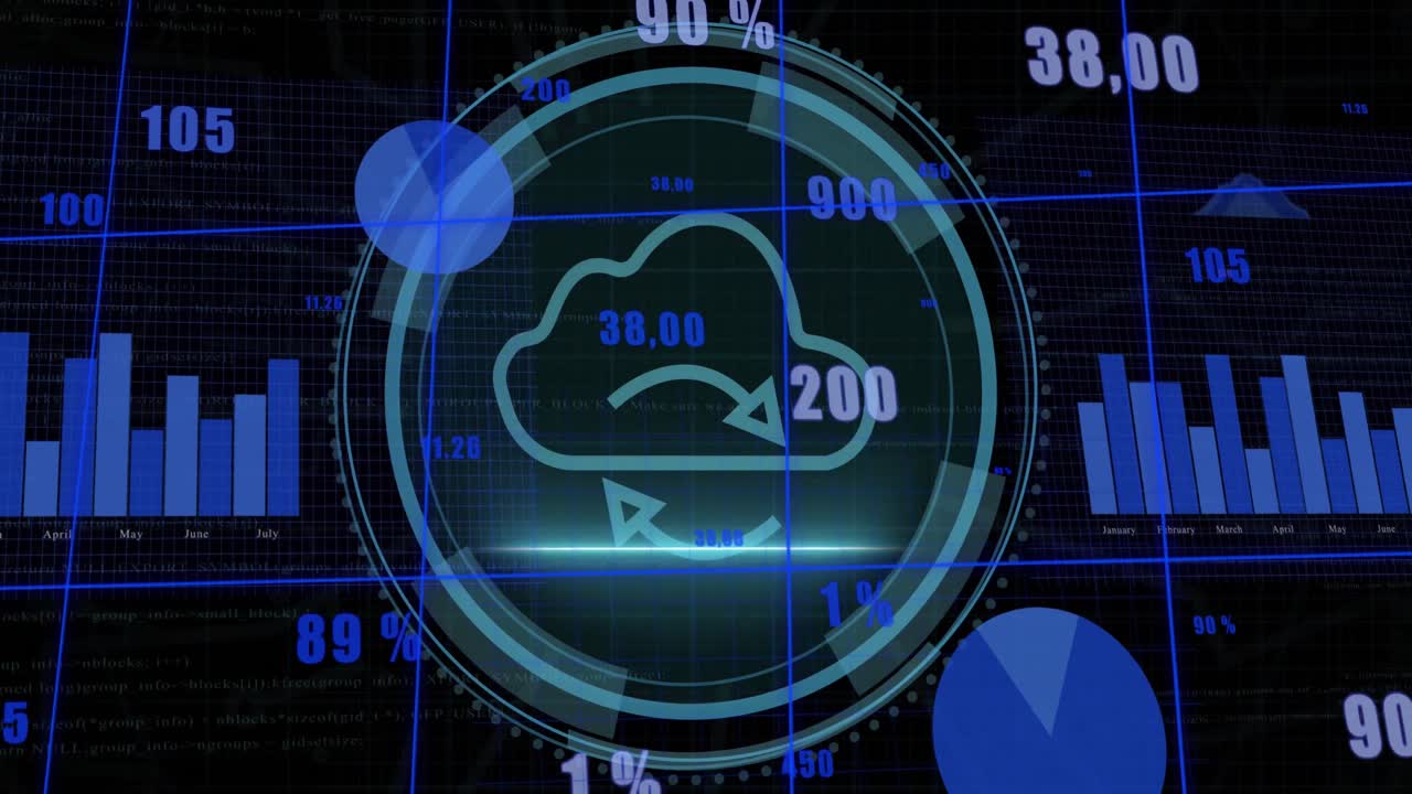 Animation of digital interface with data processing over black background