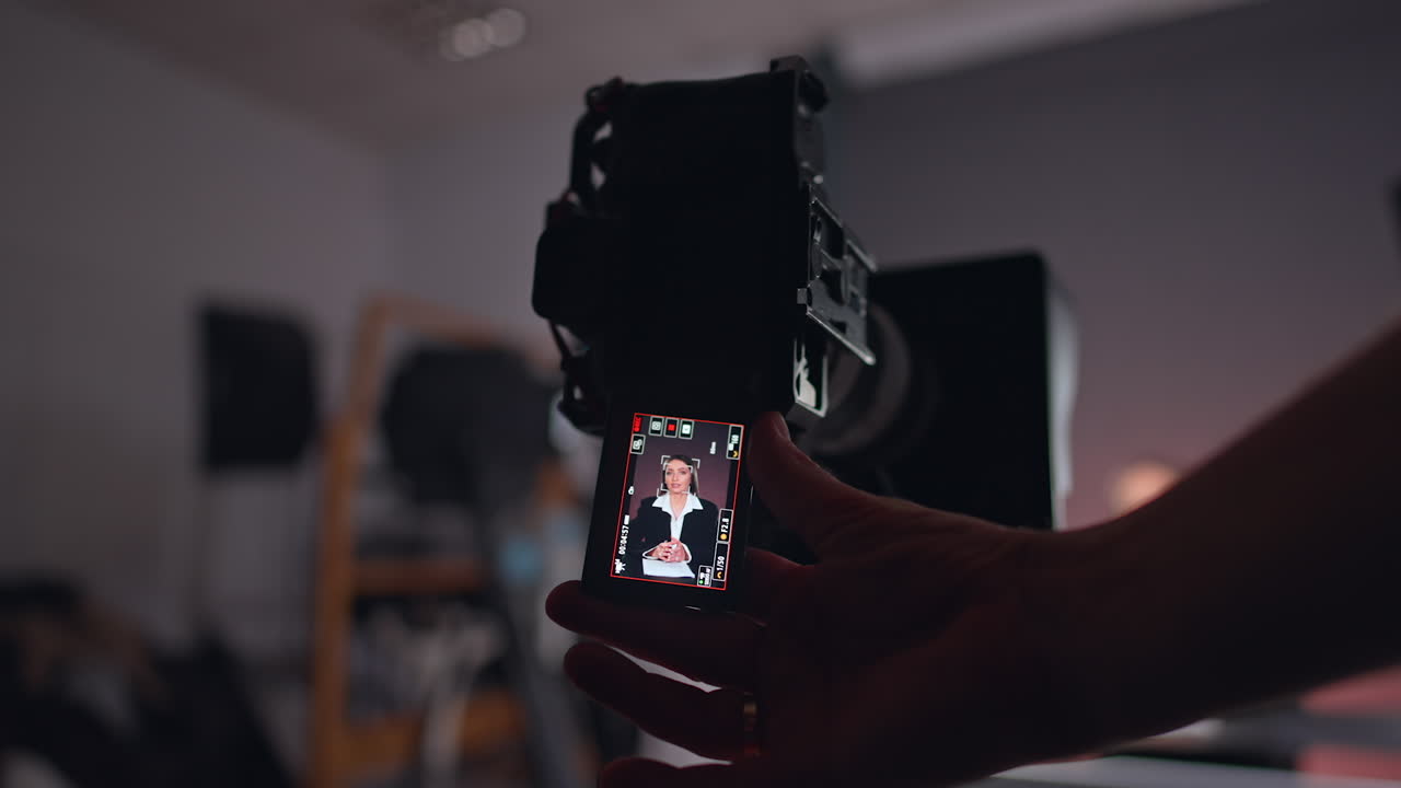 Woman with long brunette long hair wearing black jacket and white shirt on the display of camera. Male hand is holding the camera display. Video recording backstage. Close up.