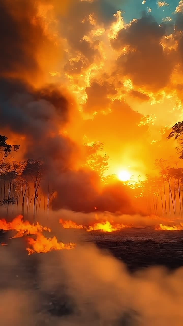 Sunset forest fire colors. A dramatic forest fire engulfs trees as the sun sets, casting radiant colors across the sky and smoke rising.