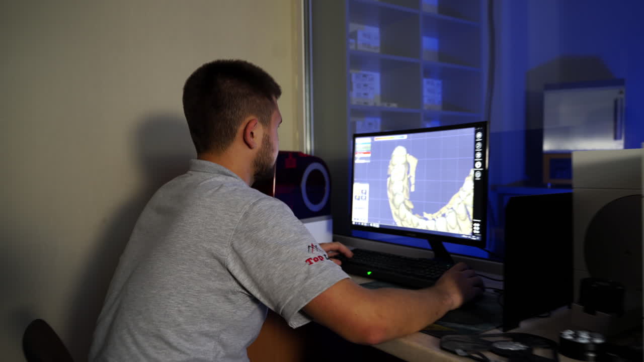 Dentist working with dentures in laboratory. Dental technician looking at scan of prosthesis on computer screen