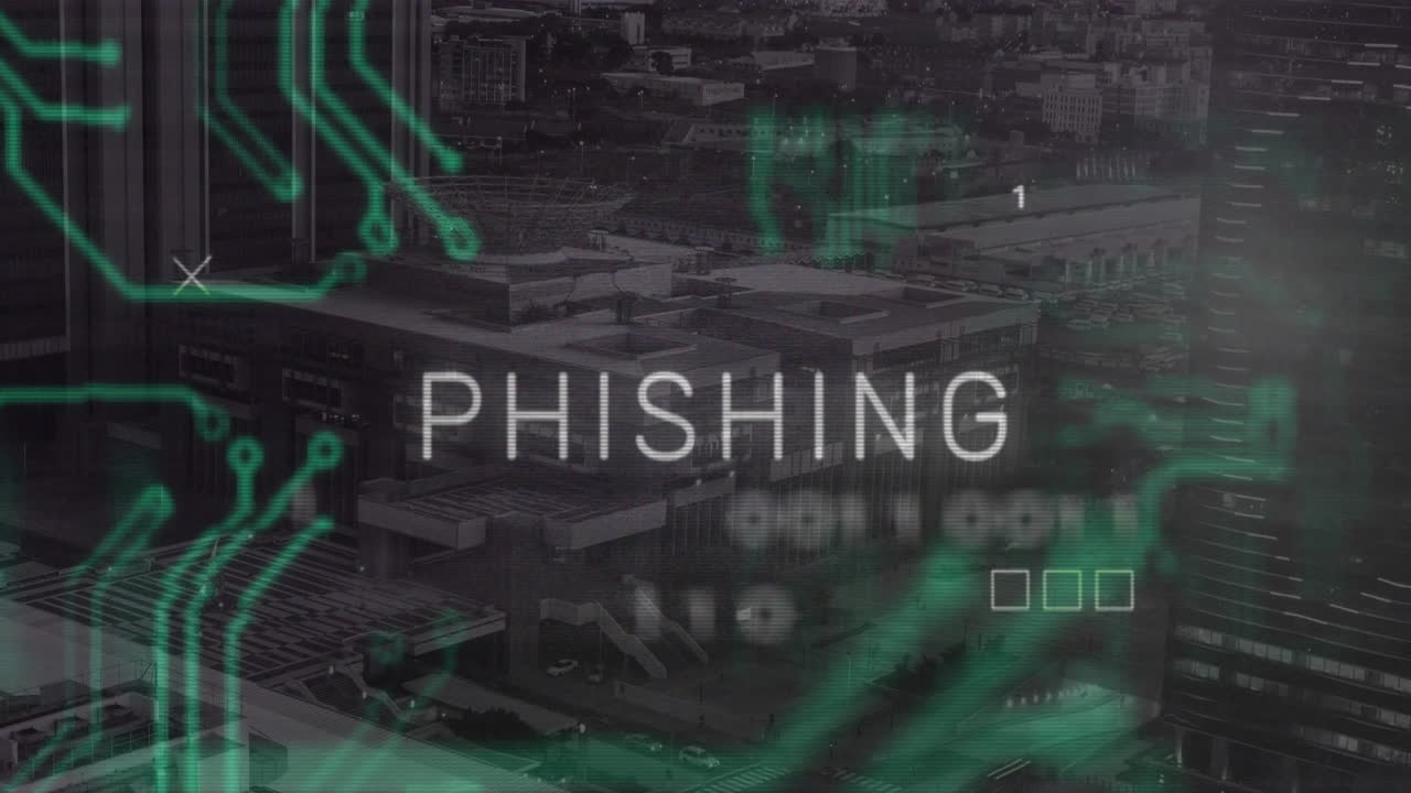 Glowing PHISHING text floating above urban cityscape, showing neon green circuits and binary code