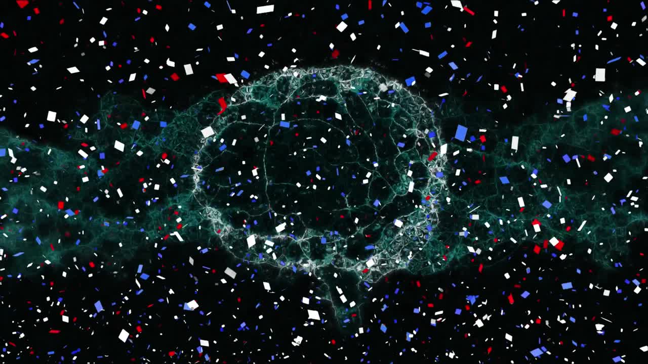 검은색 배경에 디지털 인간 뇌 위에 파란색, 빨간색,  ⁇ 색 콘페티의 애니메이션